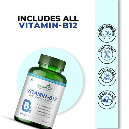 Simply Herbal Vitamin B12 Cyanocobalamin, Produce Red Blood Cells, Maintain Good Health, Boost Energy, Heart Health, Plant Based Supplements - 100 Capsules