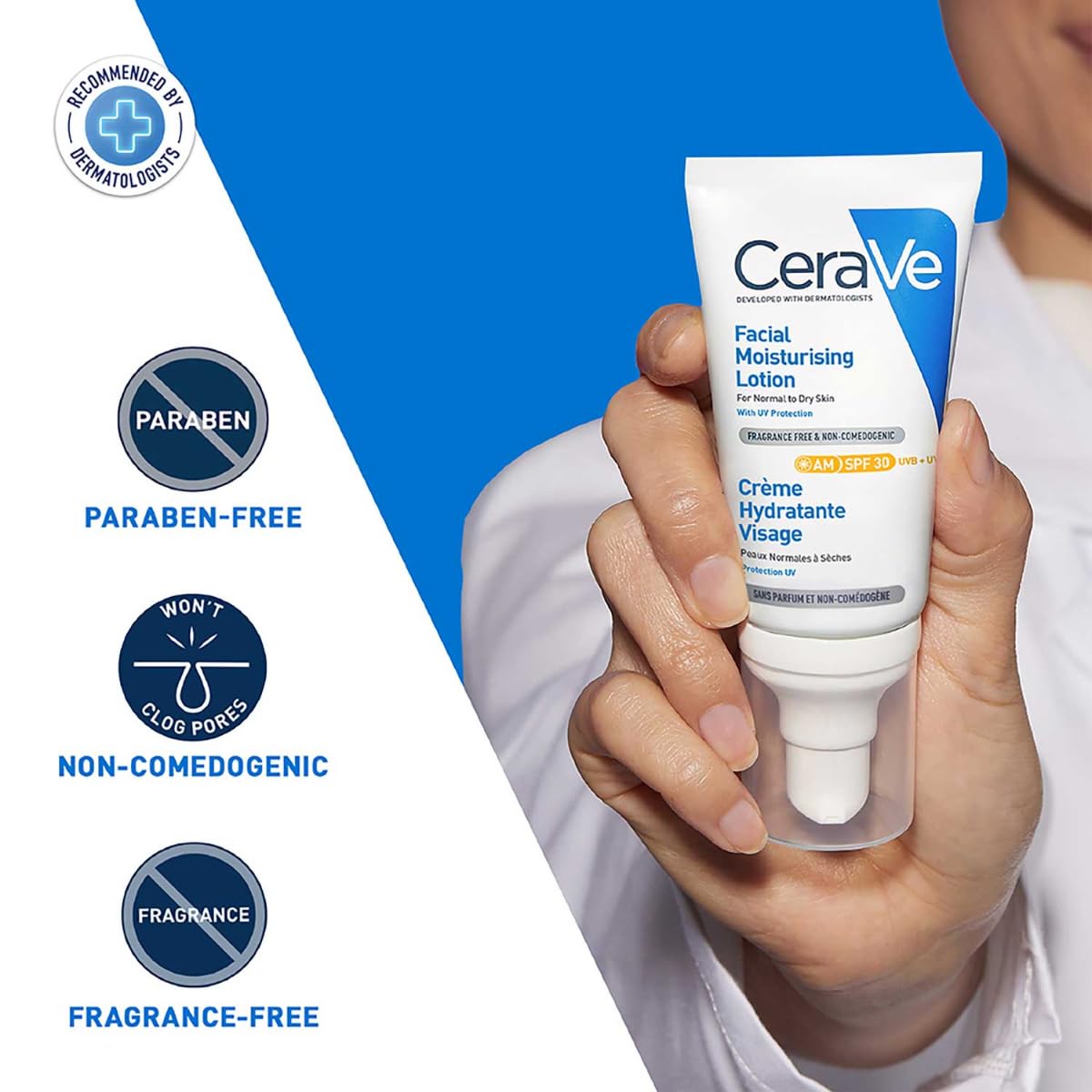 CeraVe facial moisturizing lotion being held in a hand with product features highlighted on a blue and white background.
