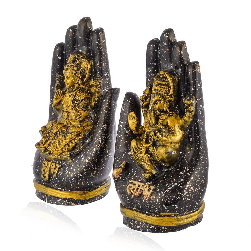 Goddess Lakshmi and Lord Ganesh Palm Idol/Statue/Murti Decorative Showpiece, Ganesha Laxmi Figurine for Puja (Golden)