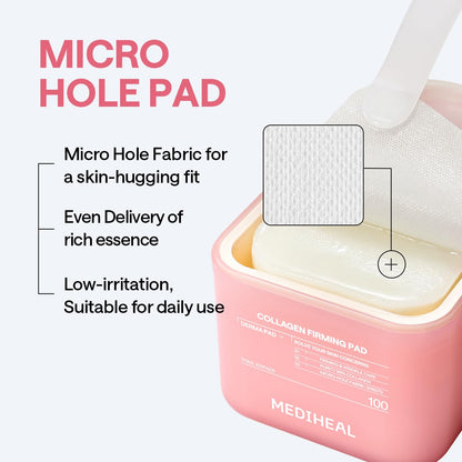 MEDIHEAL Collagen Toner Pads, Skin Firming Korean Facial Pads with 98% Low-Molecular Collagen, Peptides & Retinol, Helps Restore Skin Elasticity, Removes Wrinkles & Fine Lines, Hydrating Daily Toner, Vegan (100 Count, 170ml)