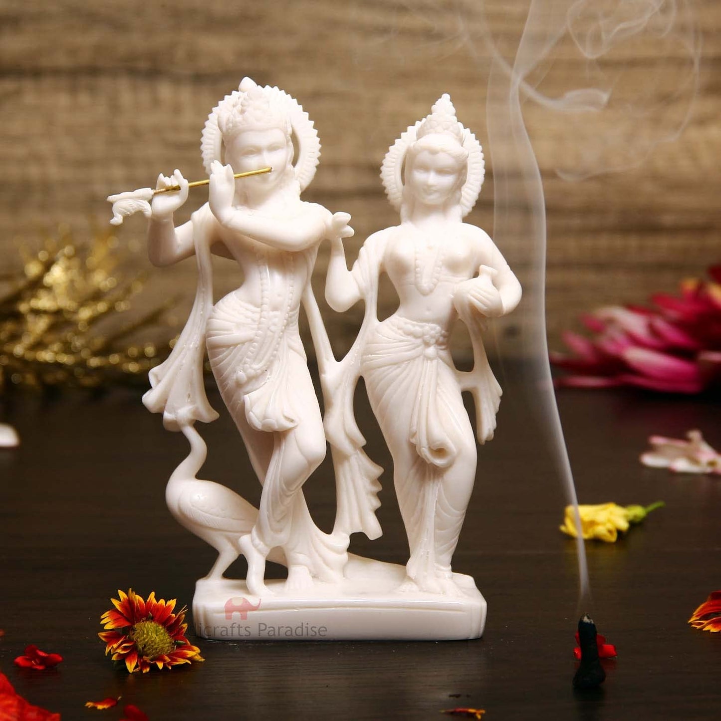 Handicrafts Paradise White Marble Radha Krishna MurtiHandcrafted Statue Showcasing Krishna with Flute God Idol for Home Temple Decor & Devotional Gift - 7 Inch
