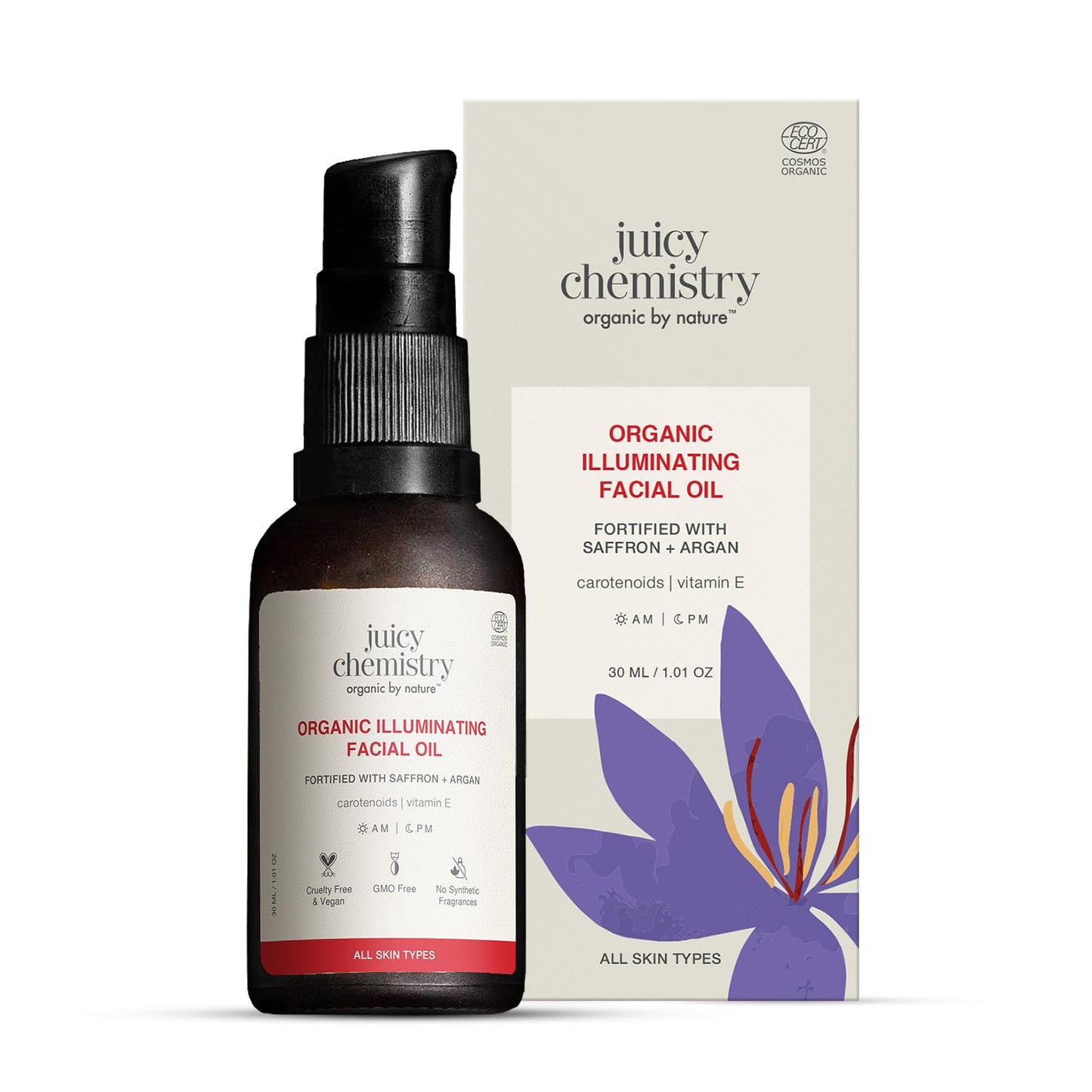 Juicy Chemistry Organic Illuminating Facial Oil with Saffron + Argan, 30 ml | Boosts Skin Glow | Promotes Healthier Barrier | Brightens & Evens Out Skin Tone | Non-sticky & Lightweight | Dermatologically Tested