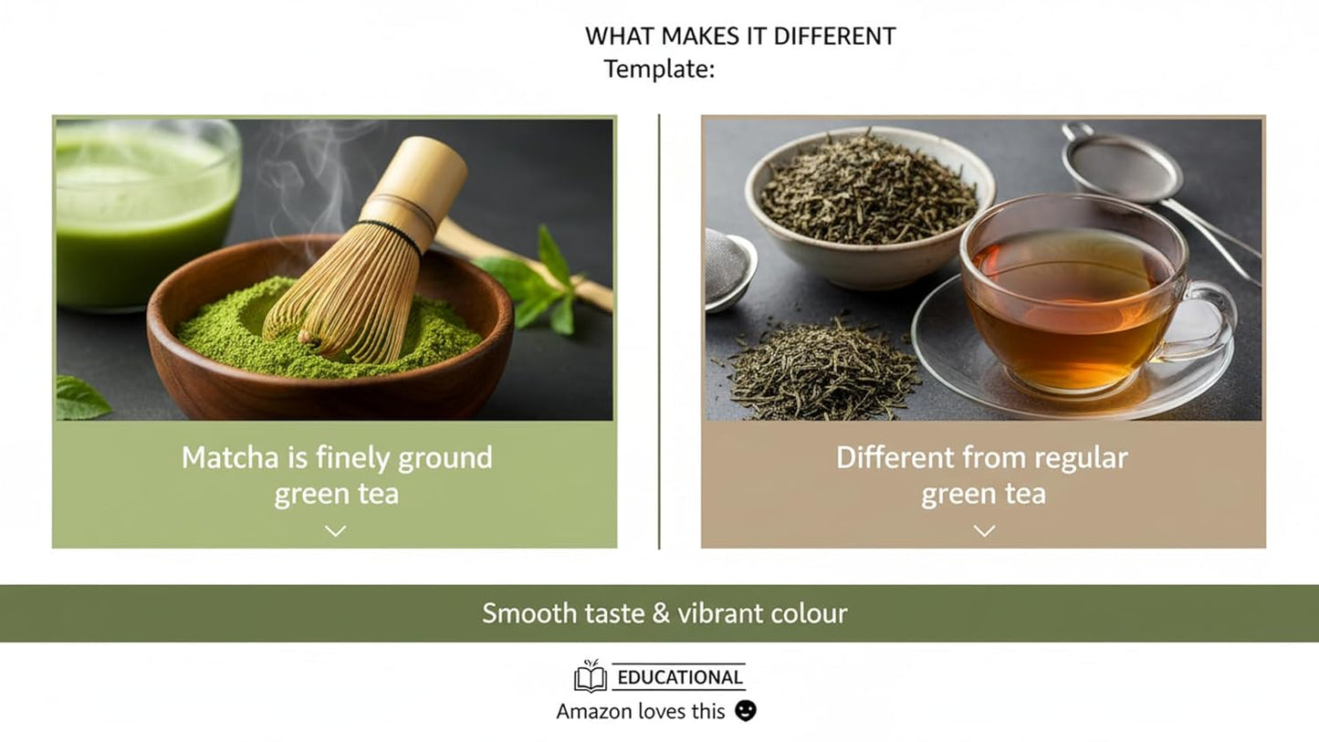 Comparison of matcha green tea and regular green tea with text explaining their differences.