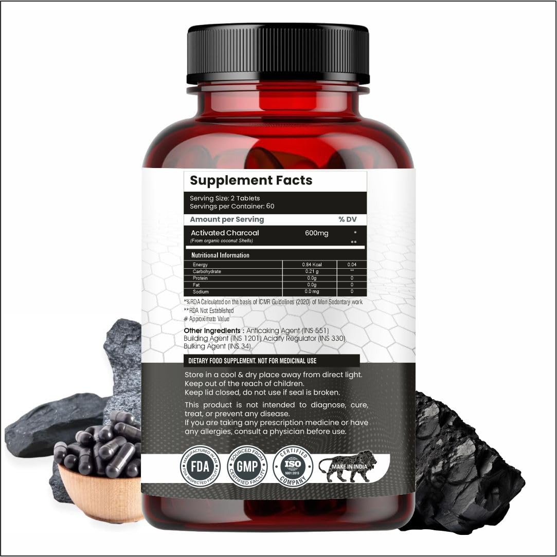 Activated Charcoal 600mg – Natural Detox & Digestive Cleanser | Supports Bloating Relief & Gas | 120 Vegan Tablets