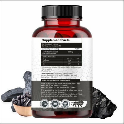 Activated Charcoal 600mg – Natural Detox & Digestive Cleanser | Supports Bloating Relief & Gas | 120 Vegan Tablets