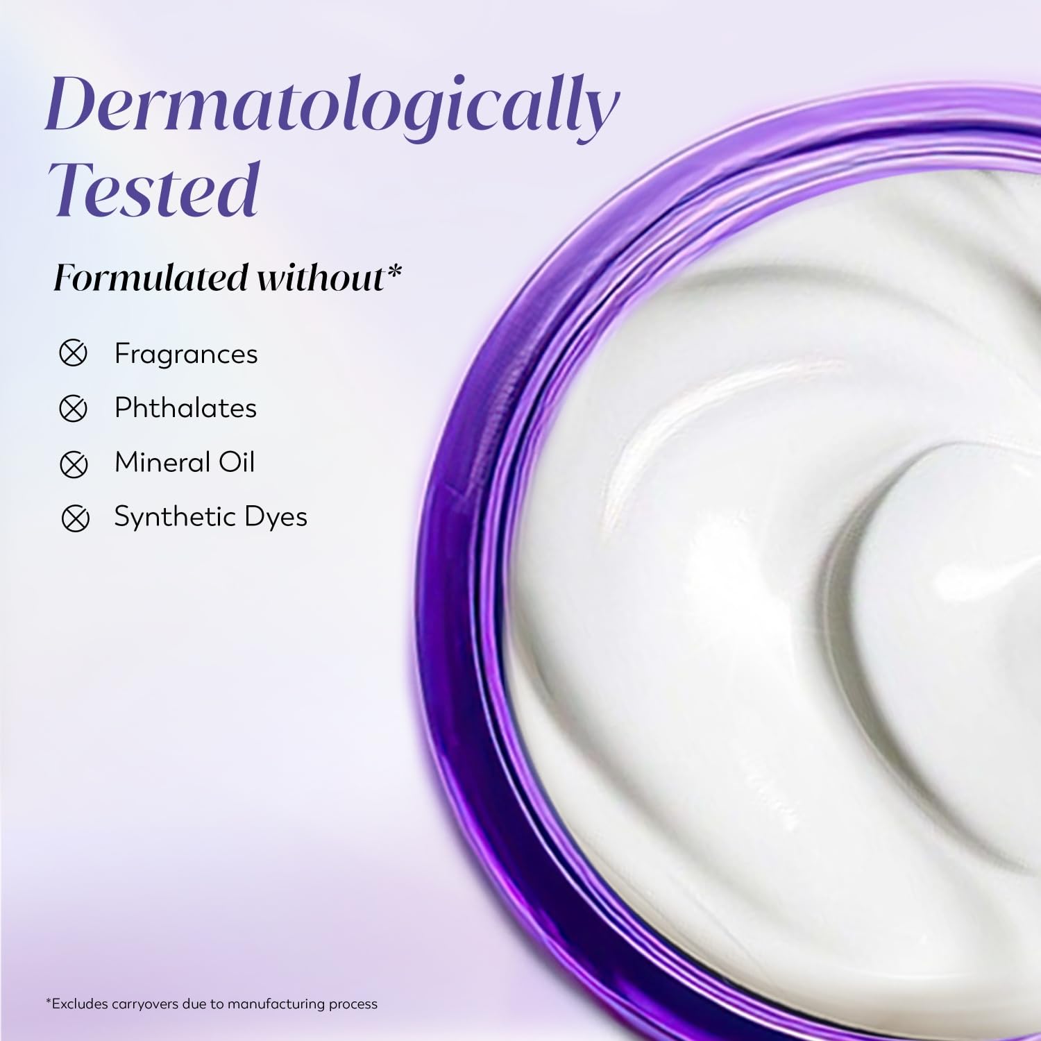 Cosmetic container with purple lid on a light purple background, featuring text about dermatological testing and ingredient exclusions.