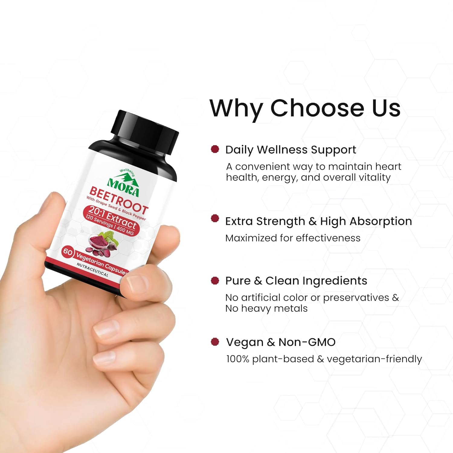 Moka Beetroot 2000 Extract supplement bottle held in a hand with product details on a white background.