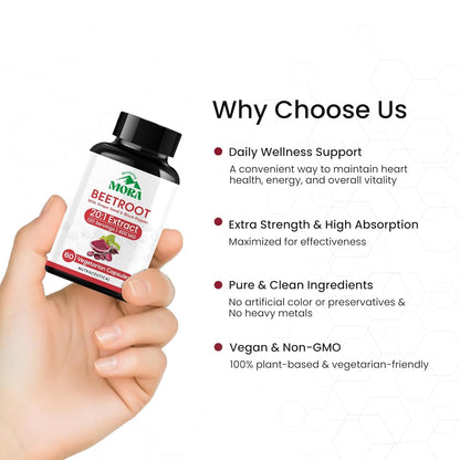 Moka Beetroot 2000 Extract supplement bottle held in a hand with product details on a white background.