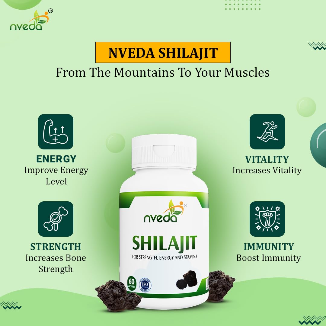 Nveda Shilajit Capsules, Ayurvedic Shilajit for Stamina & Strength, Shilajit original helps in boosting performance, energy & immunity 60 Capsules