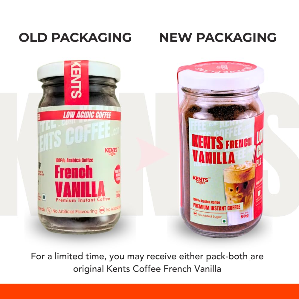 Kents Coffee French Vanilla Instant Coffee | 100% Arabica | LOW ACIDIC COFFEE | Serve HOT & COLD | Smooth & Aromatic Vanilla Flavoured Instant Coffee Powder | Natural Vanilla Beans | Chikmagalur | Medium Roast | No SUGAR | No Artifical Flavour