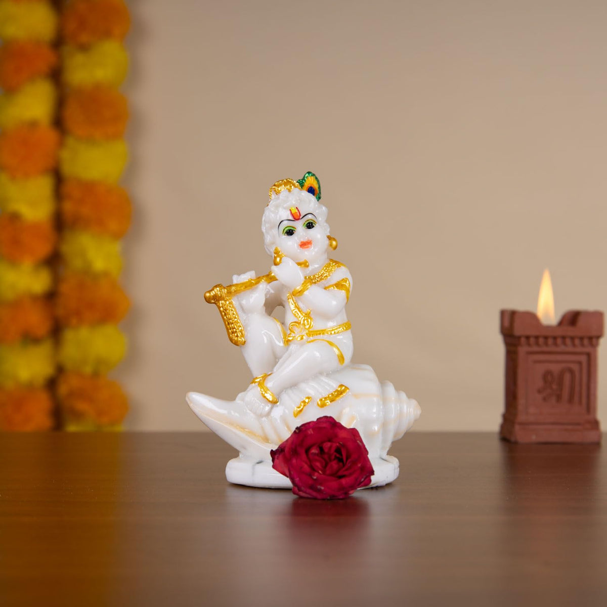 Sacred Needs Marble Dust Shankh Krishna Idol – 11.68 cm – Decorative Murti for Pooja Room, Home Temple & Gift Purpose