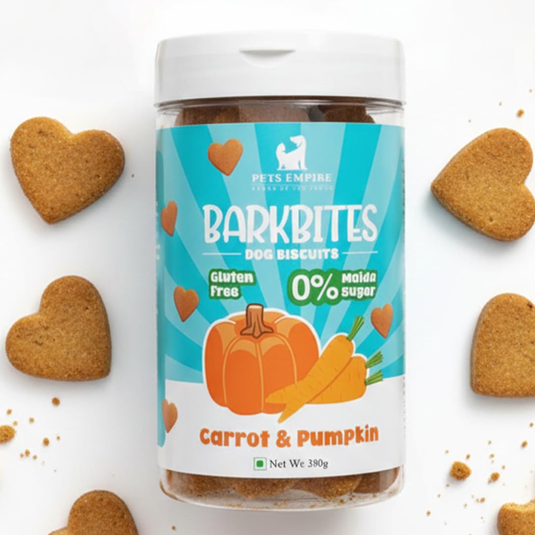PETS EMPIRE BARKBITES Carrot & Pumpkin Biscuit Jar for Dogs 350g – Healthy Dog Treats with No Maida, No Sugar, No Salt – Nutritious & Crunchy Biscuits for Training and Rewards