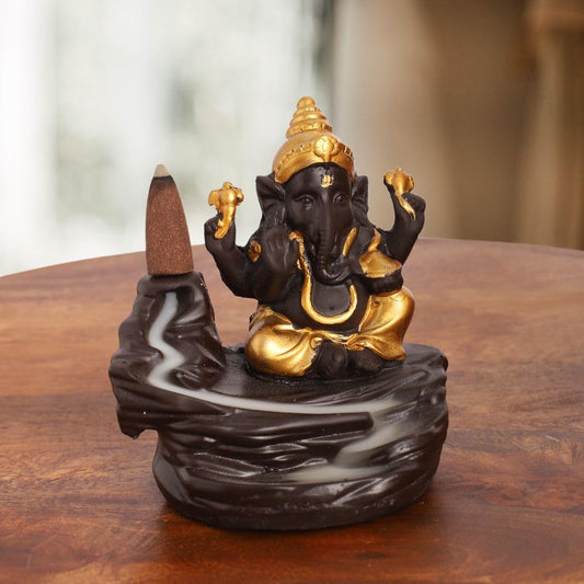 Brown & Gold Plated Ganesha Idol Statue with 8 Incense Smoke Backflow Fountain Cone Incense Holder | for Return Gift, Table, Home Decorative Showpiece Item