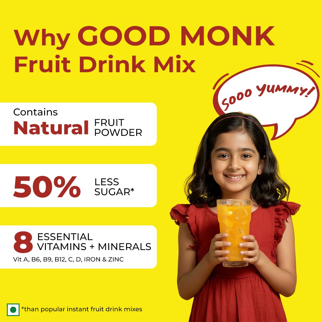 Good Monk Fruit Drink Mix (Natural Mango) - 50% Less Sugar, 8 Vitamins & Minerals for Instant Hydration, Nutrition & Energy | Mango Flavor Juice Powder | Summer Drink for Kids, Men & Women | 10 Serves