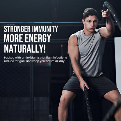 Man in athletic wear with text about stronger immunity and more energy naturally