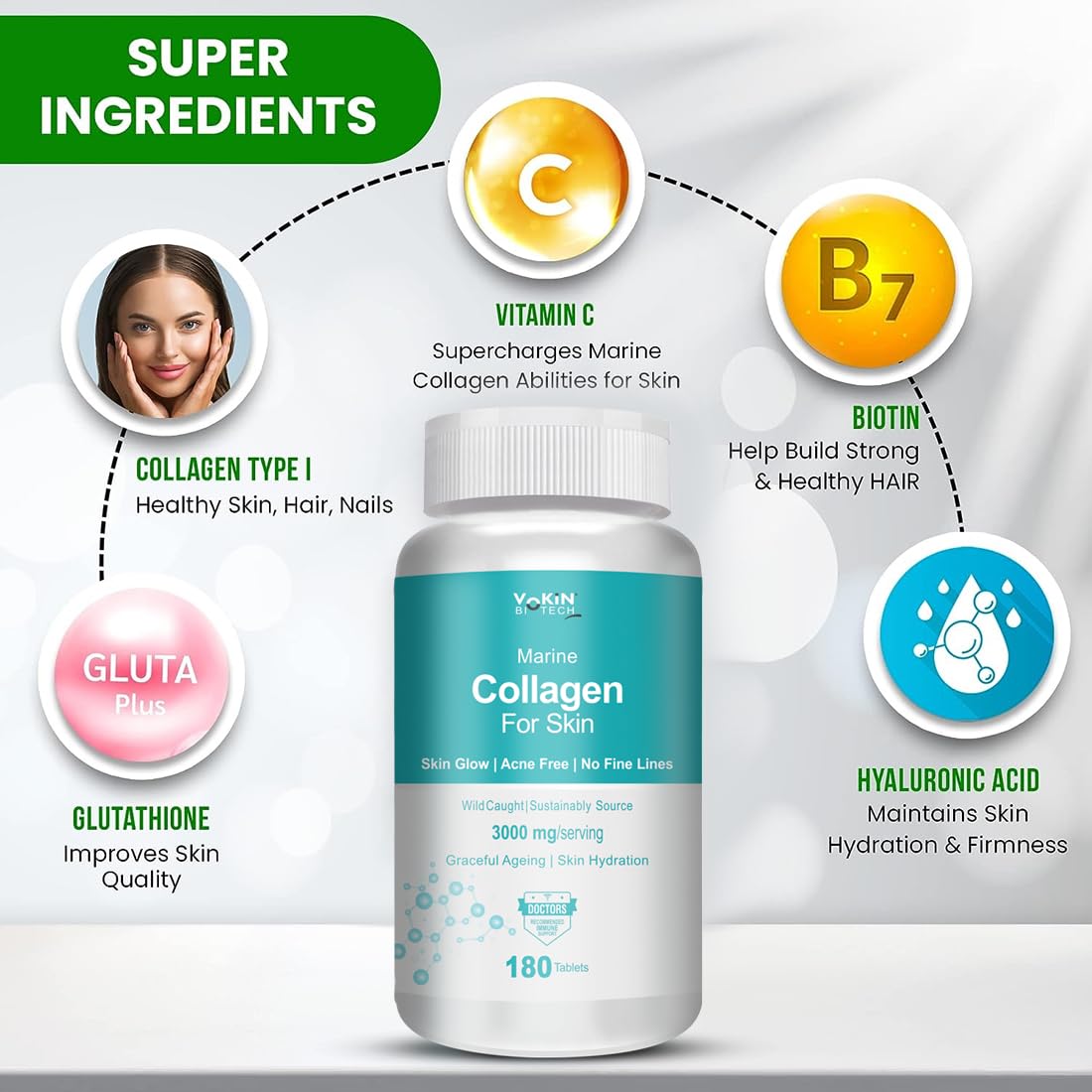 Marine Collagen supplement bottle with super ingredients highlighted on a white background