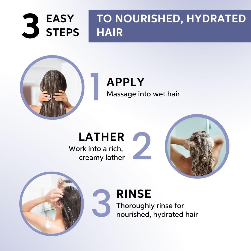 Three-step hair care process with images of a woman washing her hair.