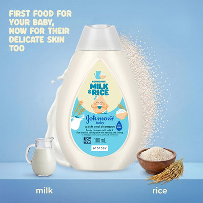 Johnson's Baby Milk & Rice Wash & Shampoo 100ml | 2-in-1 Baby Cleanser | No More Tears | Milk Protein, Rice Extracts & Multivitamins | Hypoallergenic, pH Balanced | No Parabens, Sulphates or Dyes