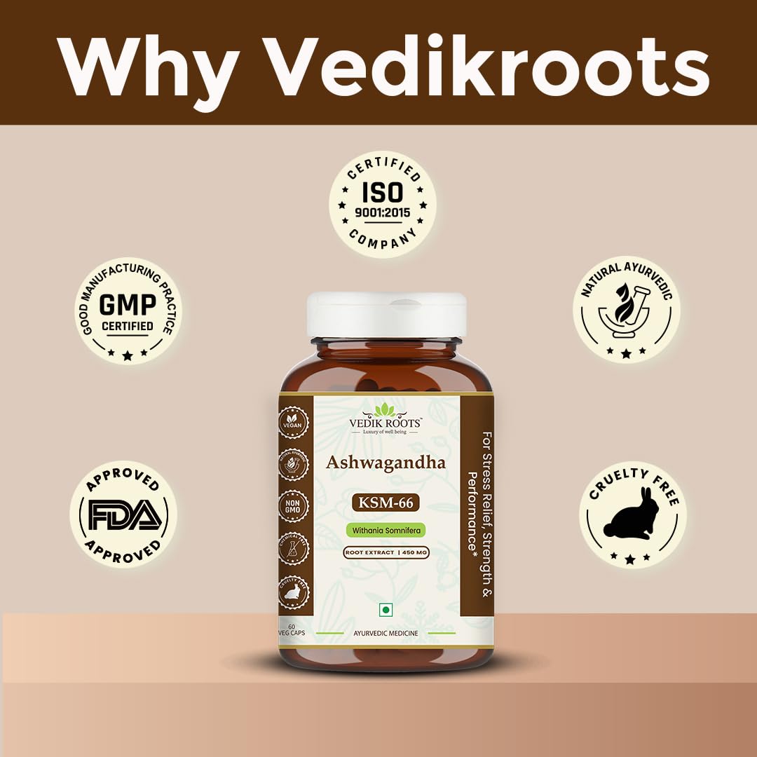 Vedikroots Ashwagandha KSM-66 supplement bottle with certification logos on a beige background