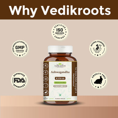 Vedikroots Ashwagandha KSM-66 supplement bottle with certification logos on a beige background