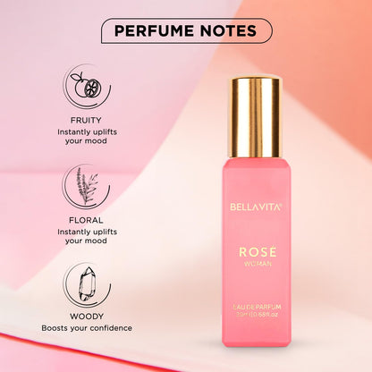 Bella Vita Luxury Organic Luxury Rose Woman Eau De Parfum Liquid Perfume for Women with Woody Rose, Jasmine, Black Currant, Vanilla & Amber | Long Lasting Fragrance EDP For Everyday Wear | 20 ML