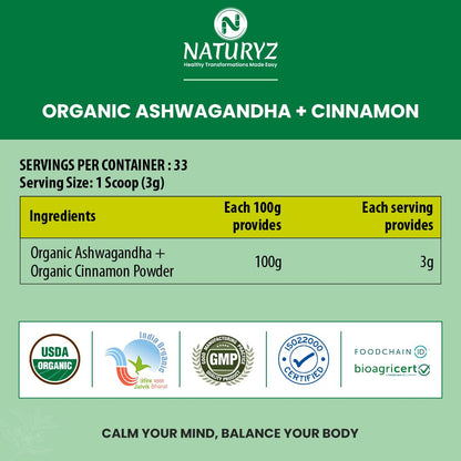 Naturyz Organic Ashwagandha + Cinnamon supplement label with ingredients and certifications.