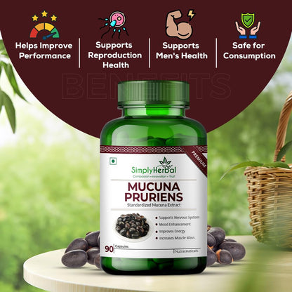 Green supplement bottle labeled 'Mucuna Pruriens' with benefits listed on a natural background