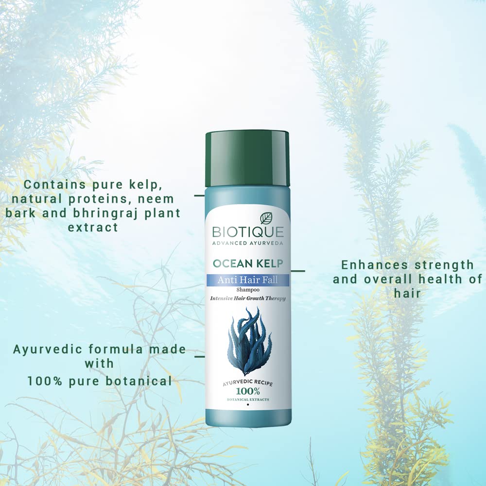 Biotique Ocean Kelp shampoo bottle with text on a blue background