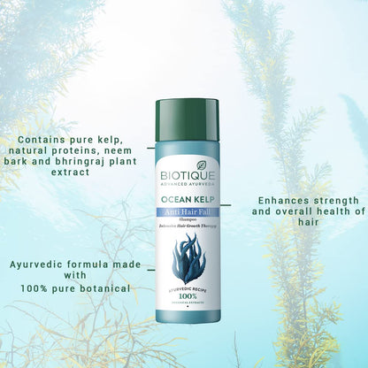 Biotique Ocean Kelp shampoo bottle with text on a blue background