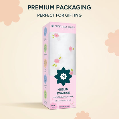 NINTARABABY Extra-Large Swaddle - 100% Organic Premium Muslin Cotton, 47" x 47" (119 cm x 119 cm), Ultra-Soft, Breathable & Lightweight, Multipurpose, Hypoallergenic, Gift for Newborn Girls