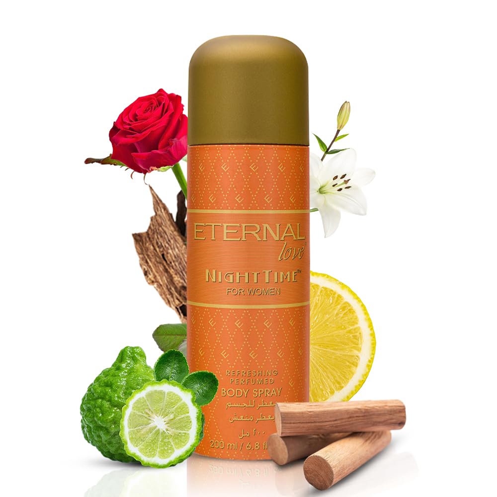 Body spray bottle with floral and citrus elements on a white background