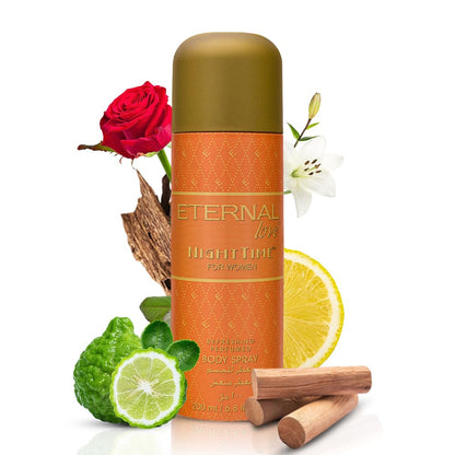 Body spray bottle with floral and citrus elements on a white background