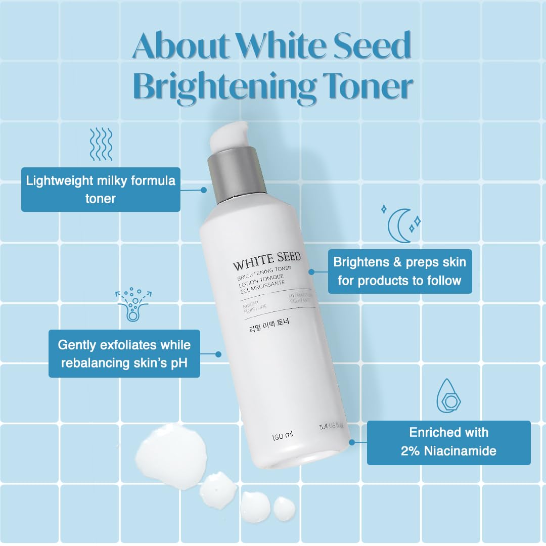 White Seed Brightening Toner bottle with features on a blue grid background