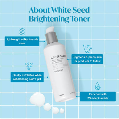 White Seed Brightening Toner bottle with features on a blue grid background