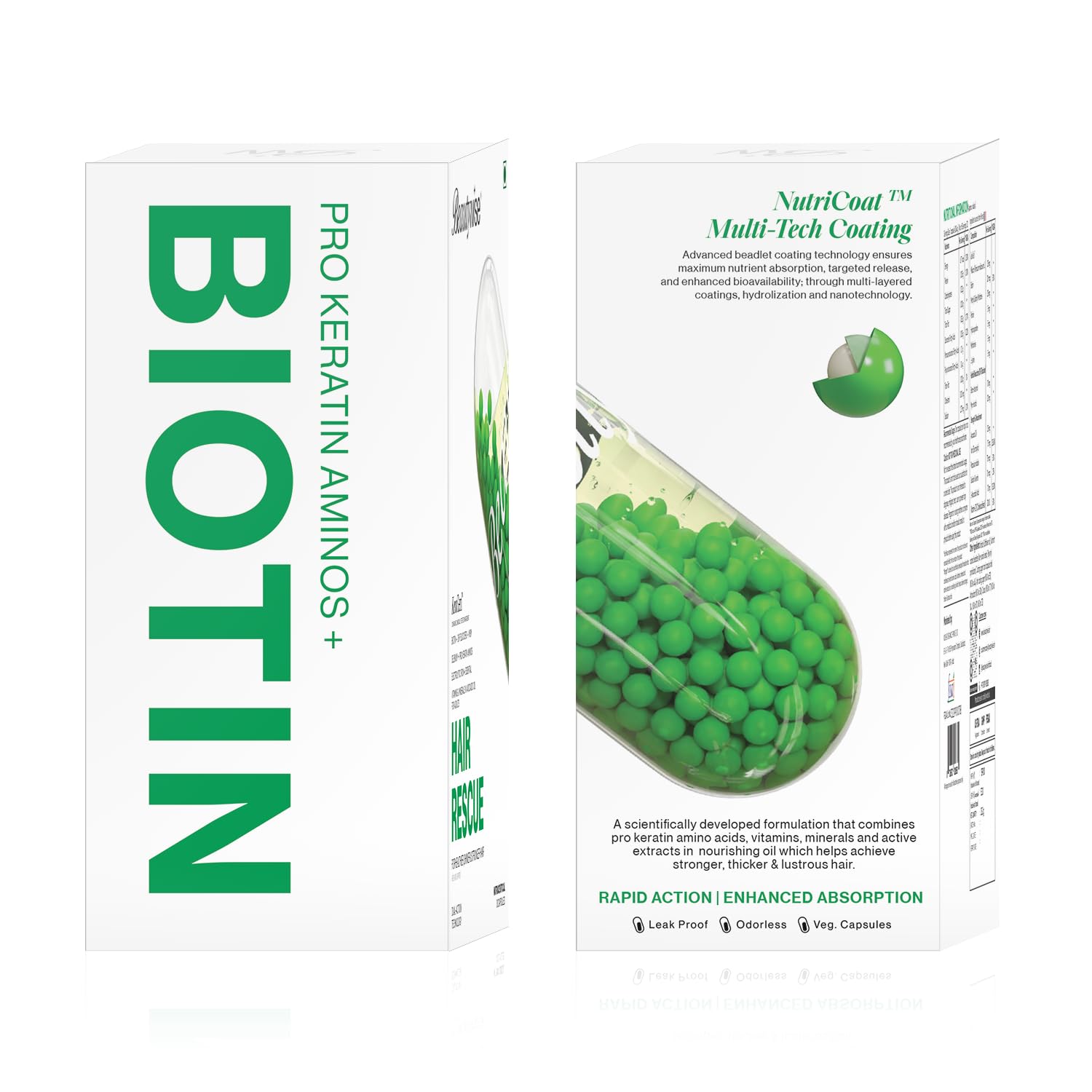 Biotin supplement packaging with green text and imagery on a white background