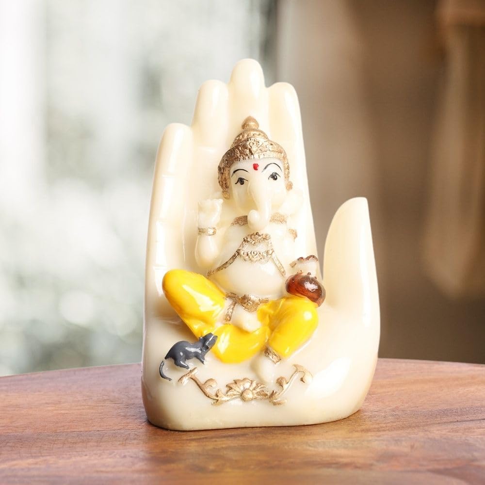 Blessing Ganesha Idol Sitting Hand Statue | Polyresin Statue in Ivory & Yellow Finish | for Table, Home, Office, Living Room Decoration Item