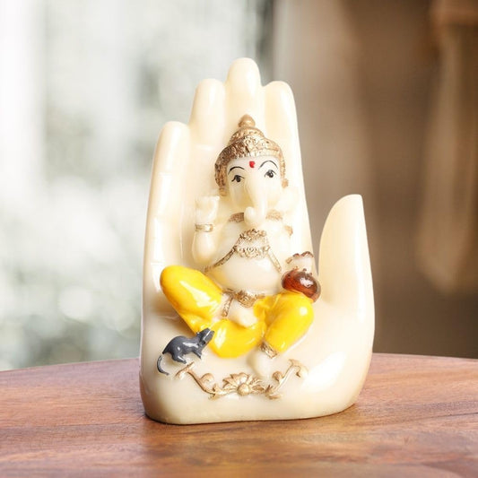 Blessing Ganesha Idol Sitting Hand Statue | Polyresin Statue in Ivory & Yellow Finish | for Table, Home, Office, Living Room Decoration Item