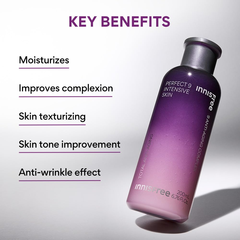 Innisfree Perfect 9 Intensive Repair Skin Anti-Aging Toner 200ml with 9 Active Jeju Ingredients - Korean Skincare for Firming, Hydrating, and Revitalizing Skin, Reduces Fine Lines & Wrinkles