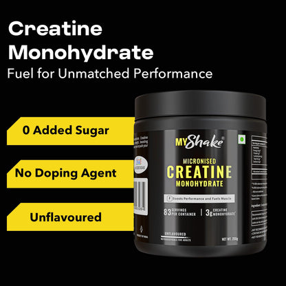 MyShake Micronised Creatine Powder - 250gm (83 Servings) | 3g Creatine Monohydrate Per Serve | Rapid Absorption, Boost Strength & Fuels Muscle | Supports Athletic Performance & Power