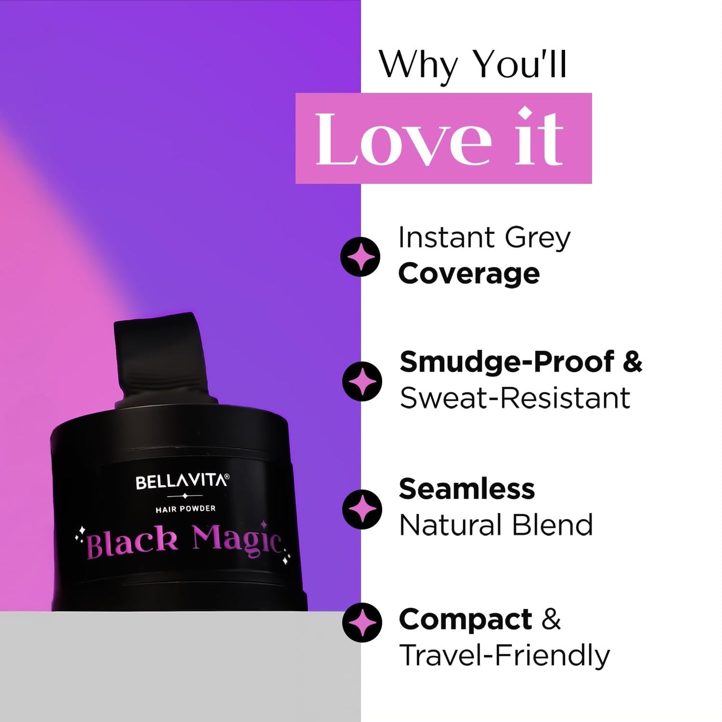Bellavita Black Magic hair powder with features listed on a purple and white background