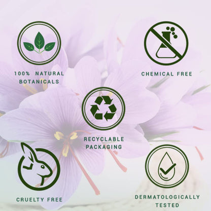 Green icons and symbols on a floral background with text indicating product features.
