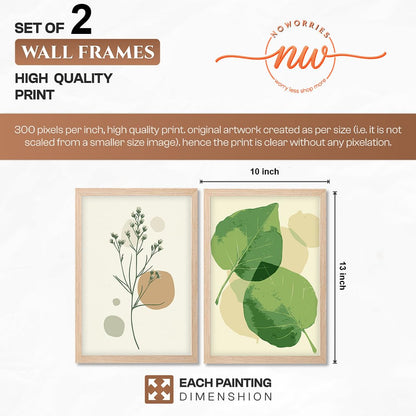 Minimalist Botanical Wall Art Set of 2, Green Leaf & Floral Line Art Prints, Beige Wooden Framed Decor for Living Room, Bedroom & Office, Ready to Hang (Natural, Art-1, 13x10 Inch)