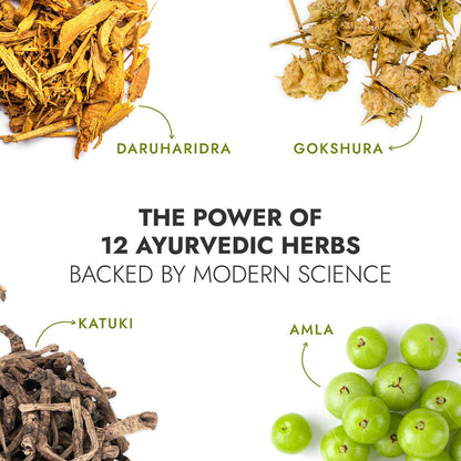Ayurvedic herbs with labels and text on a white background