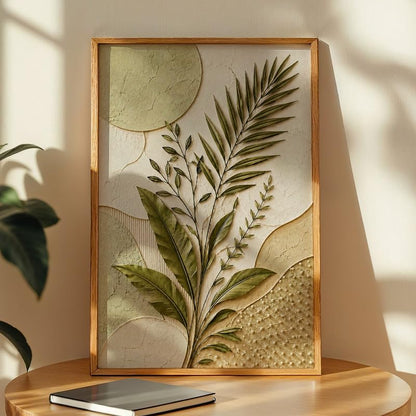 Botanical Leaf Wall Painting with Frame Set of 1 | Premium Textured Green Palm Leaf Artwork, Modern Nature Wall Decor for Living Room, Bedroom, Office and Home Decoration (Art-4,10x13inch)