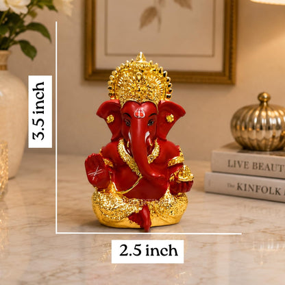 Gold Art India Ganesh Idol for Car Dashboard Ganesha Murti Ganpati Idol for Home Decor Puja Lord Ganesh Statue Gift for Office Desk Puja Room Figurine (Gold and Red, 3 x 3), Ceramic, Idol