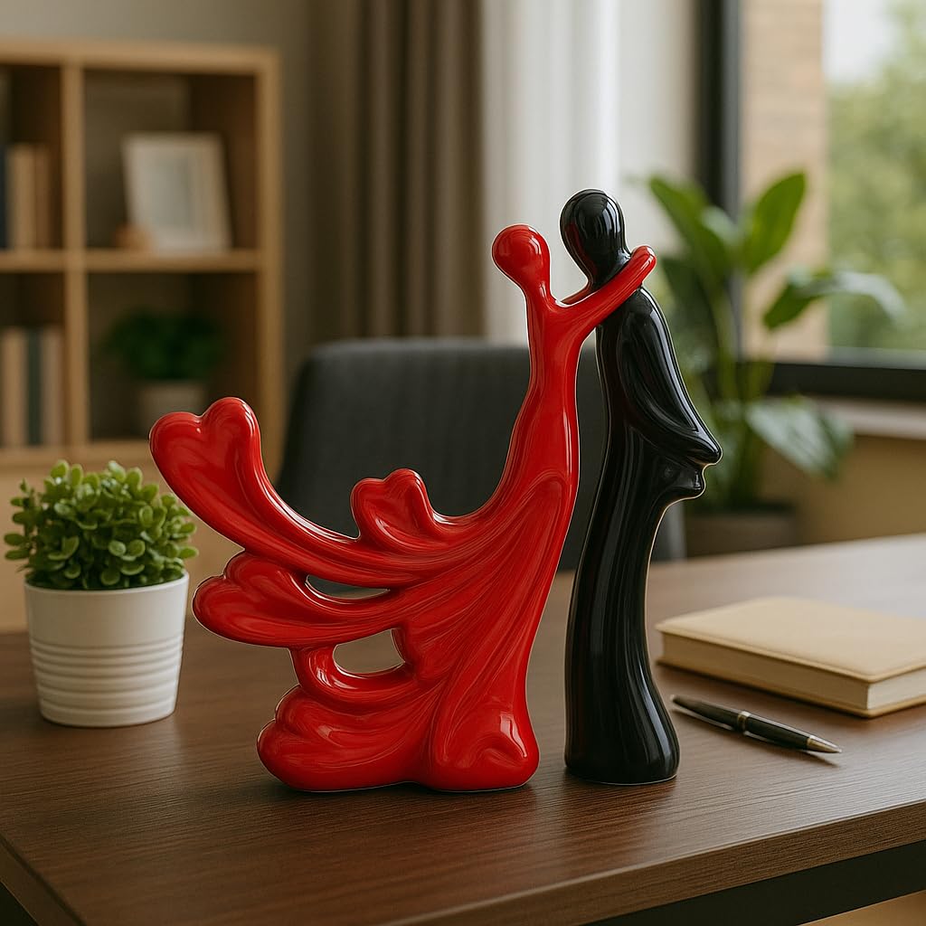 Xtore Passionate Lover Hugging Couple Figure | Beautiful Ceramic Home Decor Statue - (Set of 2, Red & Black)