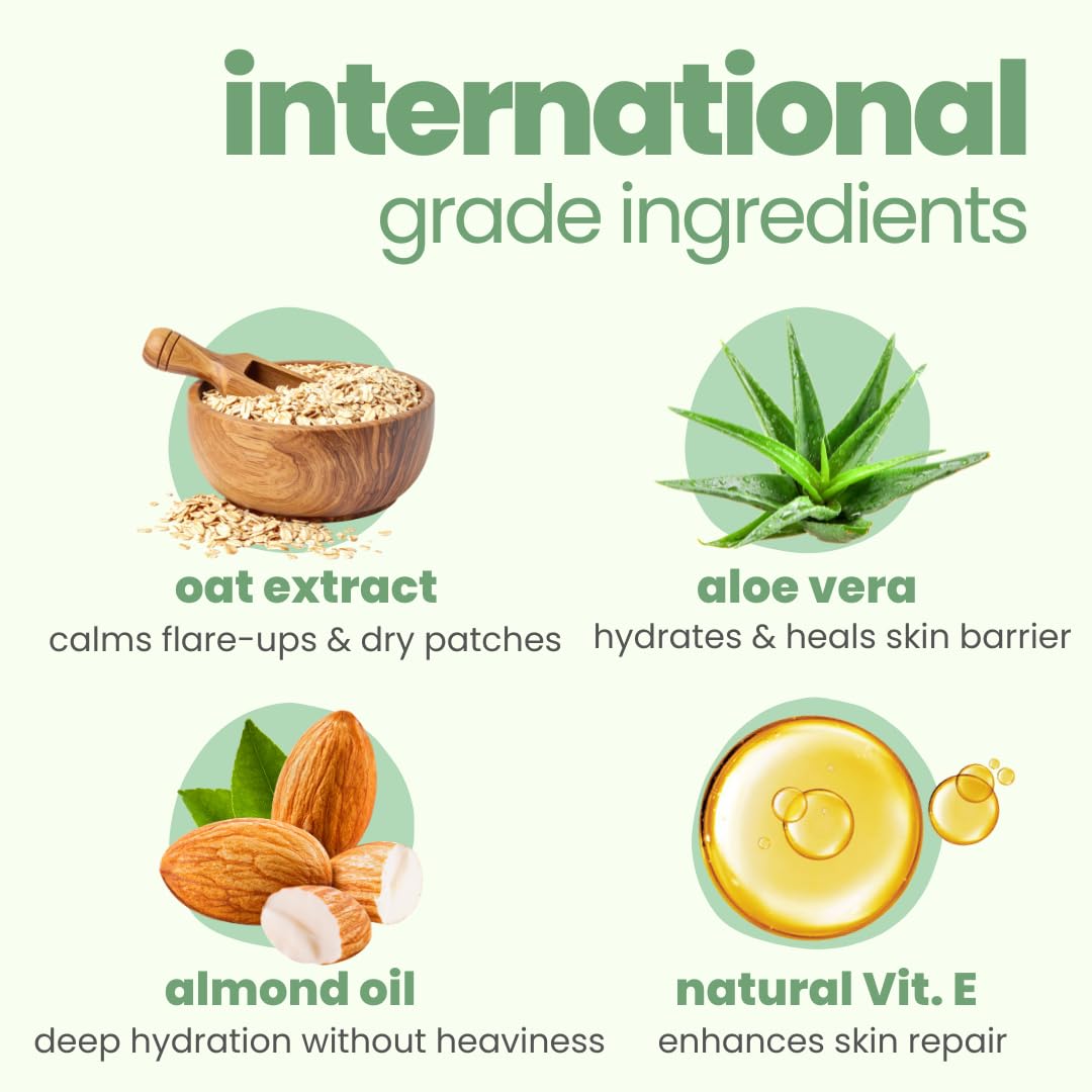 International grade ingredients including oat extract, aloe vera, almond oil, and natural Vit. E on a white background.