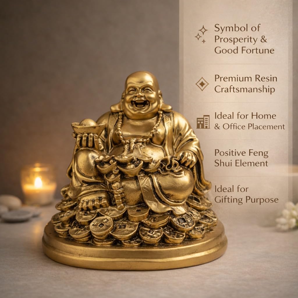 Laughing Buddha Statue for Gift, Home Decor & Good Luck |Feng Shui Buddha Idol for Wealth, Prosperity & Positivity|Vastu Showpiece Item for Office & Living Room (5 Inches | Resin | Golden)