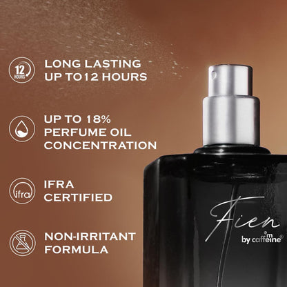Perfume bottle with Fien by Caffeine branding on a brown background with product features listed.