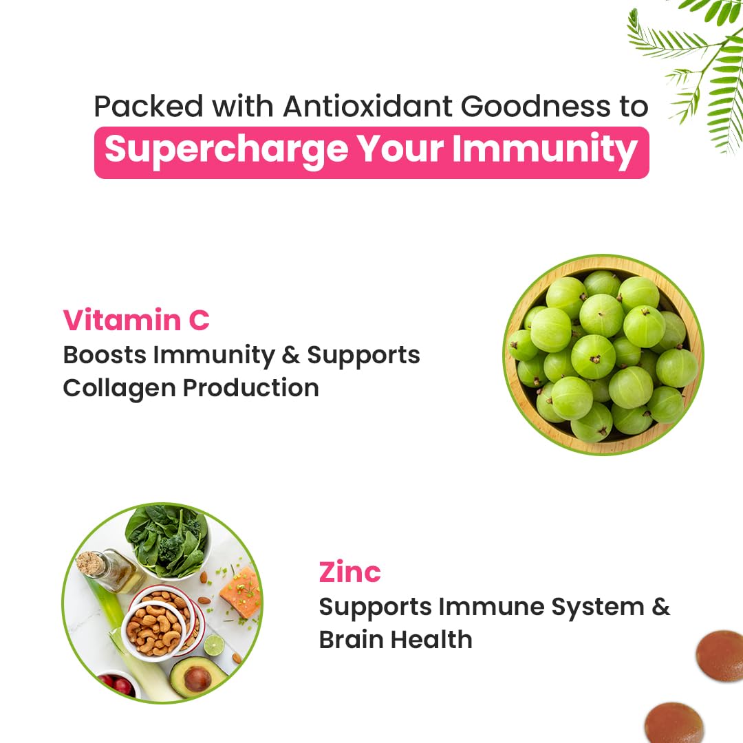 Promotional graphic about the benefits of vitamin C and zinc for immunity and health, featuring green grapes and a bowl of nuts.